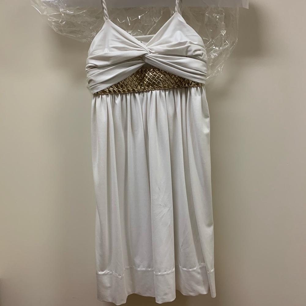Morgan Mcfeeters white, gold accent goddess dress